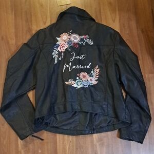 David's Bridal Black 'Just Married' Floral Vegan Leather Moto Jacket